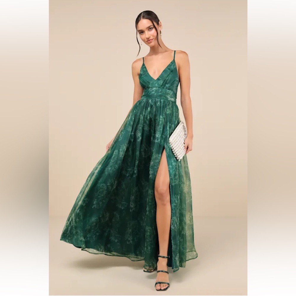 Lulu's Romance That Wows Green Floral Print Organza Maxi Gown